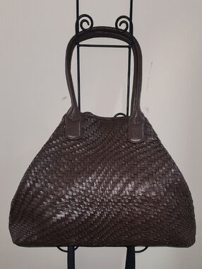Cole Haan Basket Weave Woven Leather Tote Bag Dark Brown Purse
